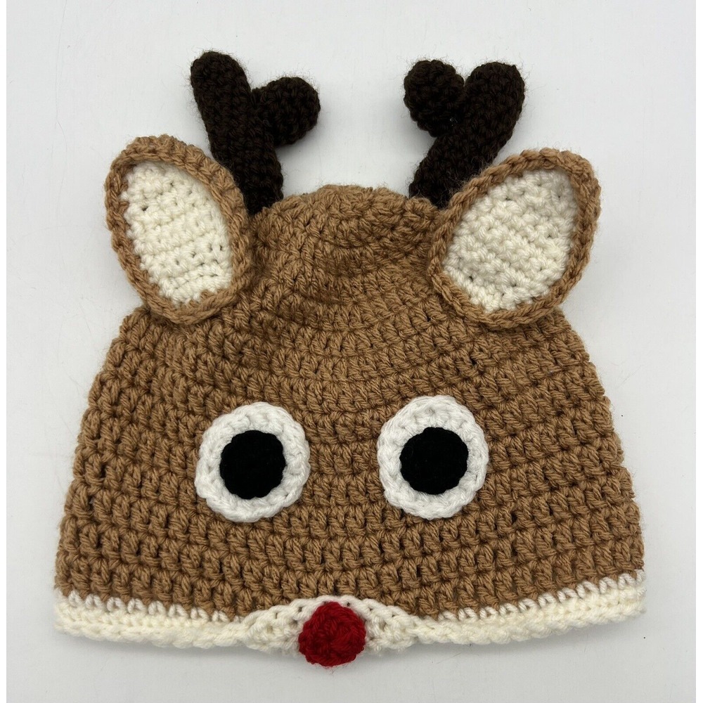 Handmade Crochet Rudolph The Red Nose Reindeer Winter‎ Hat Beanie Antlers
